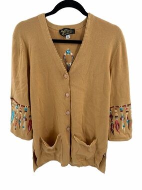 Bob Mackie Wearable Art Dream Catcher‎ Embroidered Camel Cardigan Medium